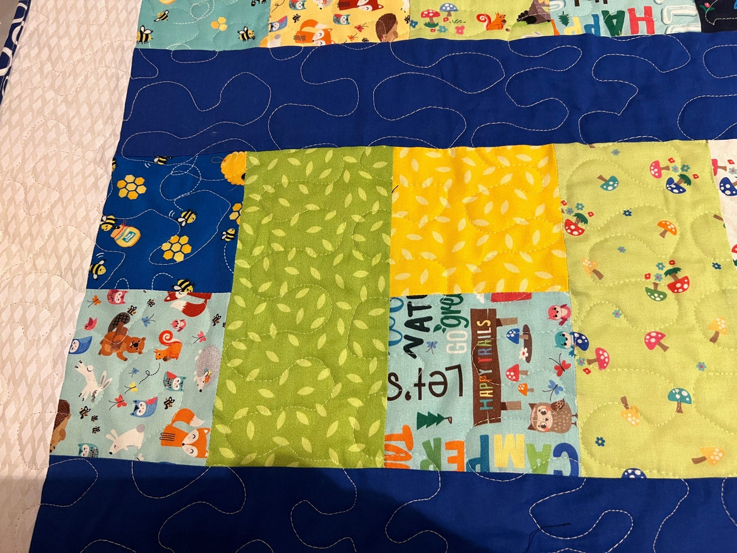 Blue Baby Quilt, Woodland Animals & Camping Themed Wall Hanging, Cozy Throw, Lap Quilt Perfect for Nursery Decor