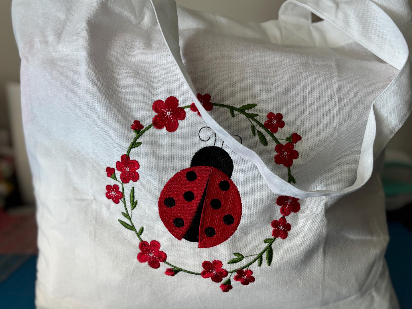 Ladybug Embroidered Tote Bag - Stylish Shoulder Bag for Books
