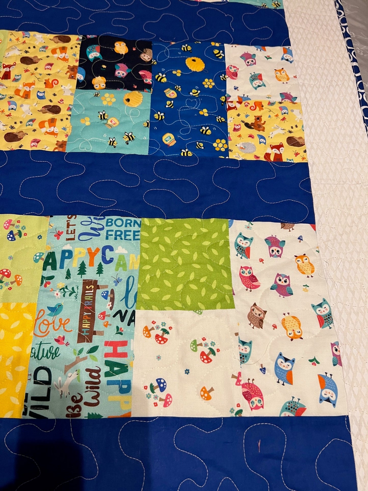 Blue Baby Quilt, Woodland Animals & Camping Themed Wall Hanging, Cozy Throw, Lap Quilt Perfect for Nursery Decor