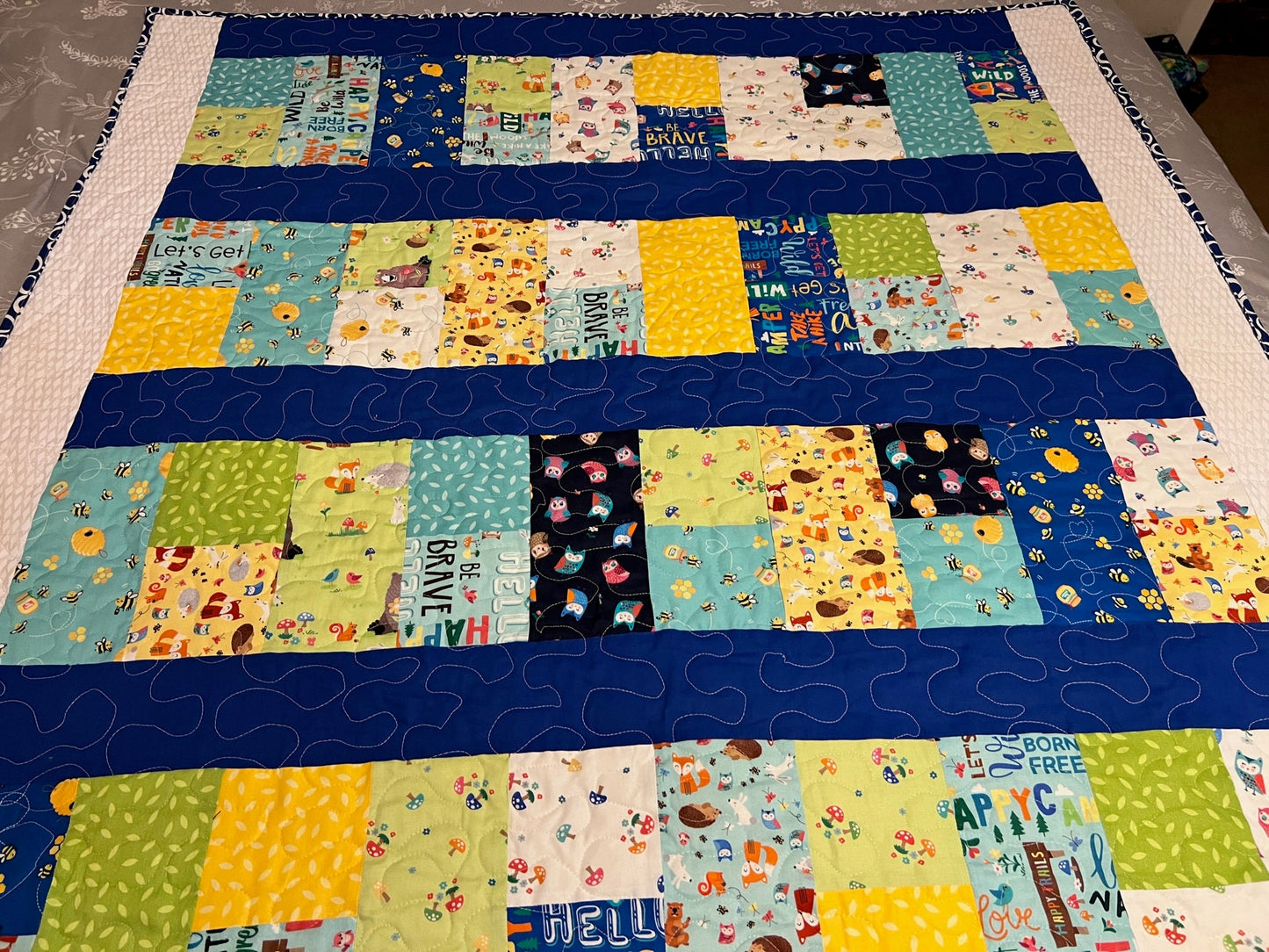 Blue Baby Quilt, Woodland Animals & Camping Themed Wall Hanging, Cozy Throw, Lap Quilt Perfect for Nursery Decor