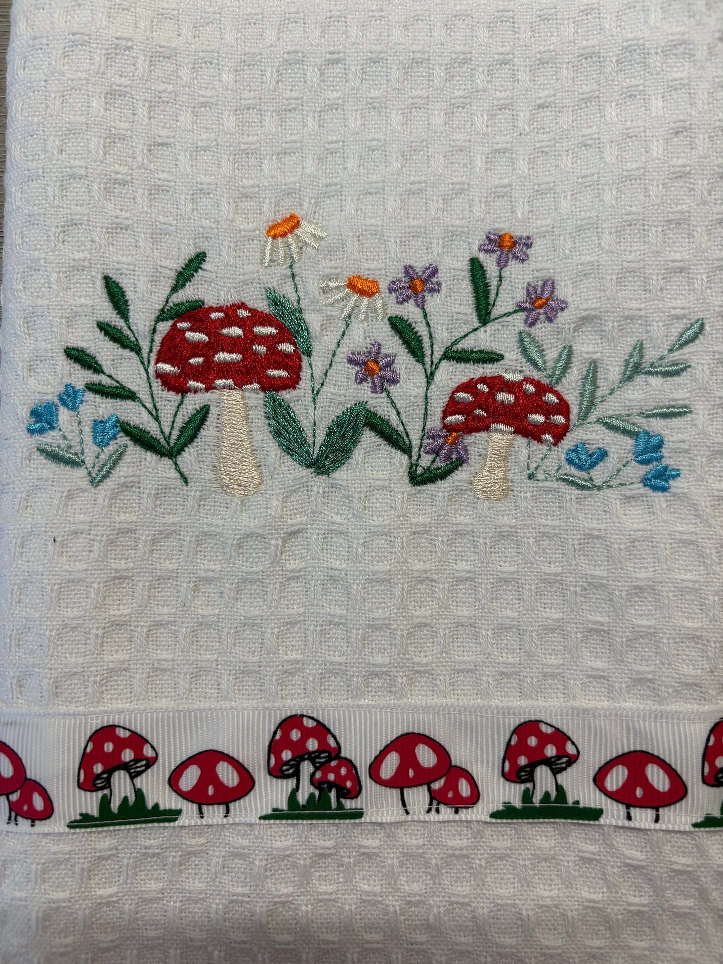 Embroidered Tea Towel with Toadstool /Flowers - Decorative Kitchen Towel Gift for Home & Garden Lovers