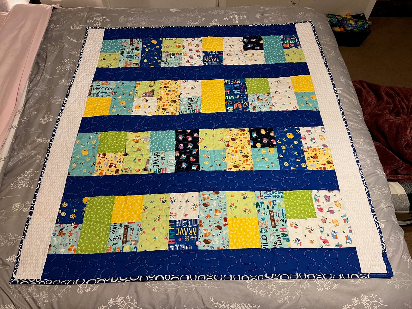 Blue Baby Quilt, Woodland Animals & Camping Themed Wall Hanging, Cozy Throw, Lap Quilt Perfect for Nursery Decor