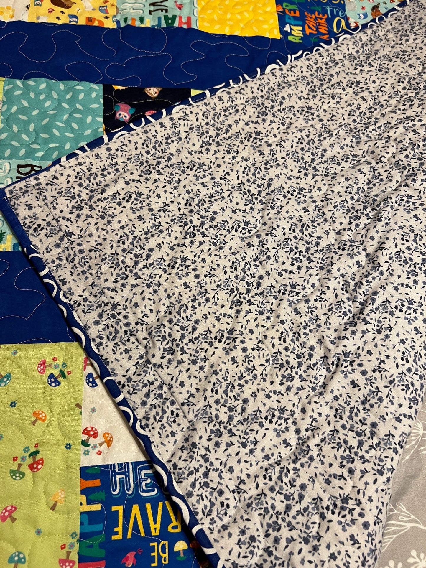 Blue Baby Quilt, Woodland Animals & Camping Themed Wall Hanging, Cozy Throw, Lap Quilt Perfect for Nursery Decor