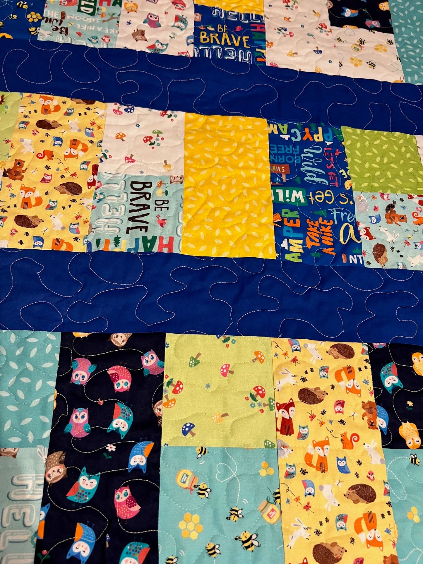 Blue Baby Quilt, Woodland Animals & Camping Themed Wall Hanging, Cozy Throw, Lap Quilt Perfect for Nursery Decor