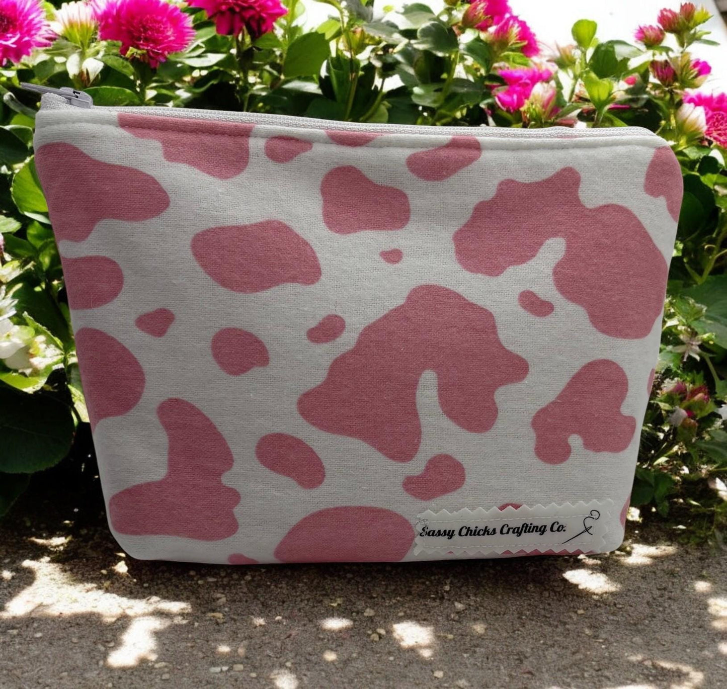 Pink Makeup Pencil Pouch, Flat Bottom & Quilted Makeup Organizer Zipper Pouch Cotton Bag