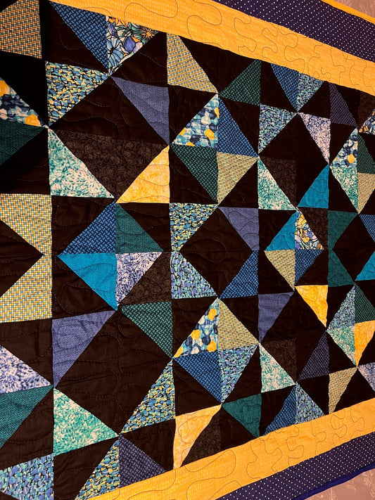 Blue Baby Quilt | Cozy Wall Hanging Throw | Soft Lap Quilt in Blues & Yellows | Perfect Nursery Decor | Handmade Bedding