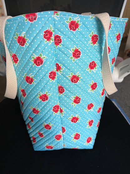 Quilted Tote Bag - Roses on Blue - Stylish Shoulder Bag for Everyday Use