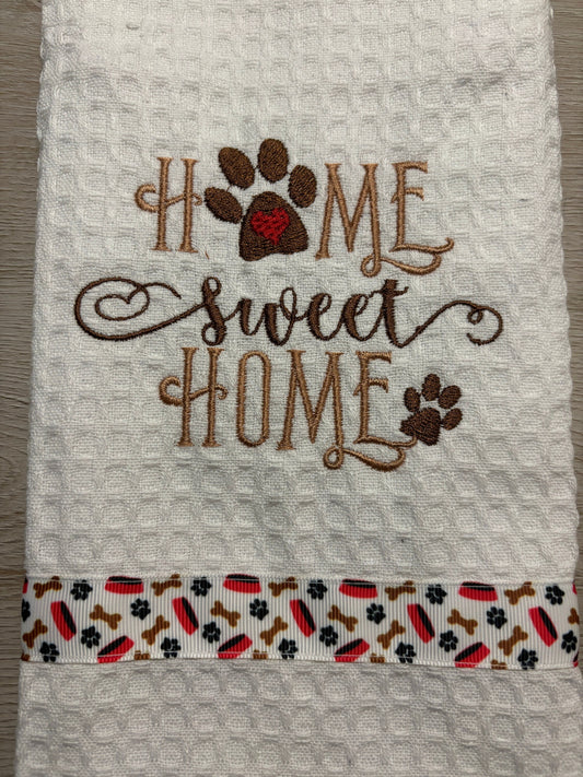 Embroidered Tea Towel, Embroidered Kitchen Towel, Embroidered Towel- Paw Home Sweet Home