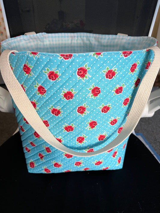 Quilted Tote Bag - Roses on Blue - Stylish Shoulder Bag for Everyday Use