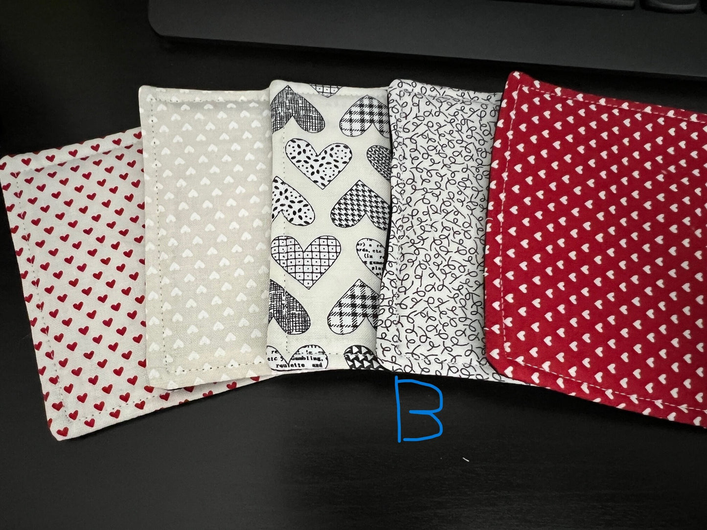 Fabric Coasters, Red, Black and White Heart Coasters (Multiple bundles)