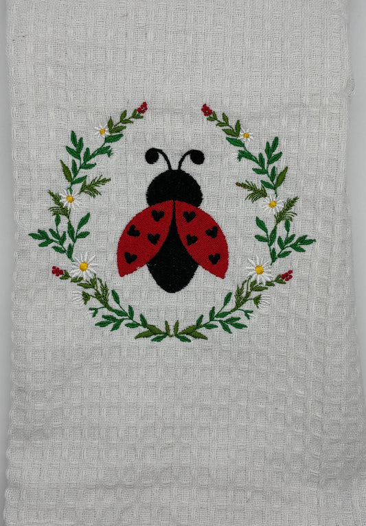 Towel - Embroidered Tea Towel with Ladybug Floral Design, Kitchen Decor, Gift for Her, Home and Garden, Cute & Functional Kitchen Accessory