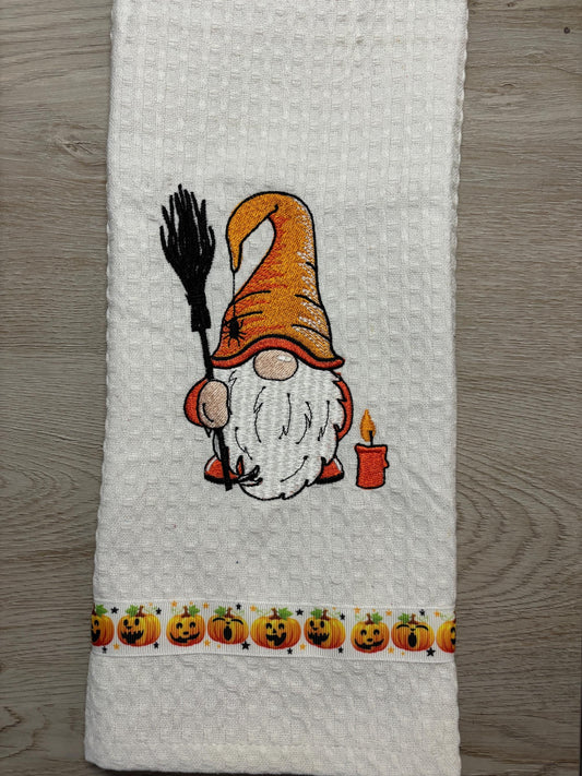 Embroidered Tea Towel, Embroidery, Embroidered Kitchen Towel- Halloween Gnome