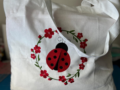 Ladybug Embroidered Tote Bag - Stylish Shoulder Bag for Books