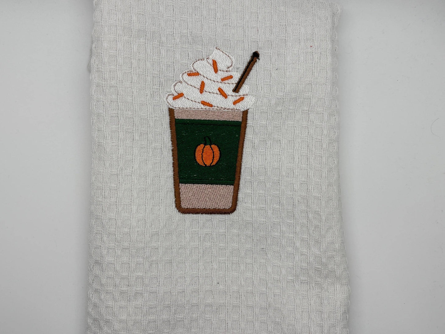 Embroidered Tea Towel, Embroidery, Embroidered Kitchen Towel- Pumpkin Spice Latte
