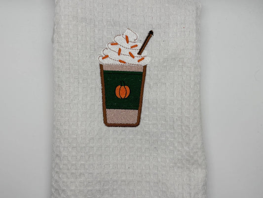 Embroidered Tea Towel, Embroidery, Embroidered Kitchen Towel- Pumpkin Spice Latte