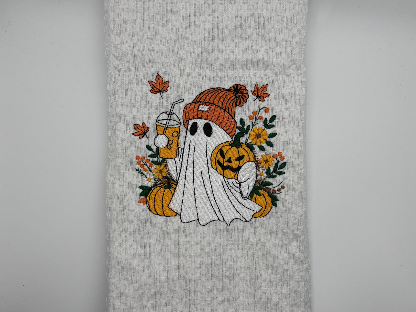 Embroidered Tea Towel, Embroidery, Embroidered Kitchen Towel- Fall Ghost