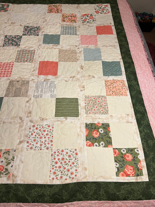 Dec Patchwork Throw Quilt in Pink, Coral & Light Green