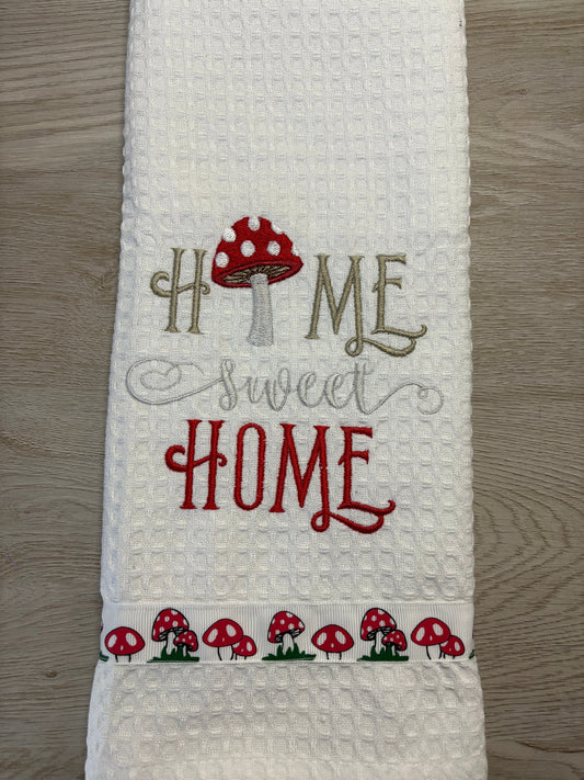 Mushroom Lover Embroidered Tea Towel, Toadstool Home Sweet Home Design Cute Aesthetic Kitchen Decor Towel
