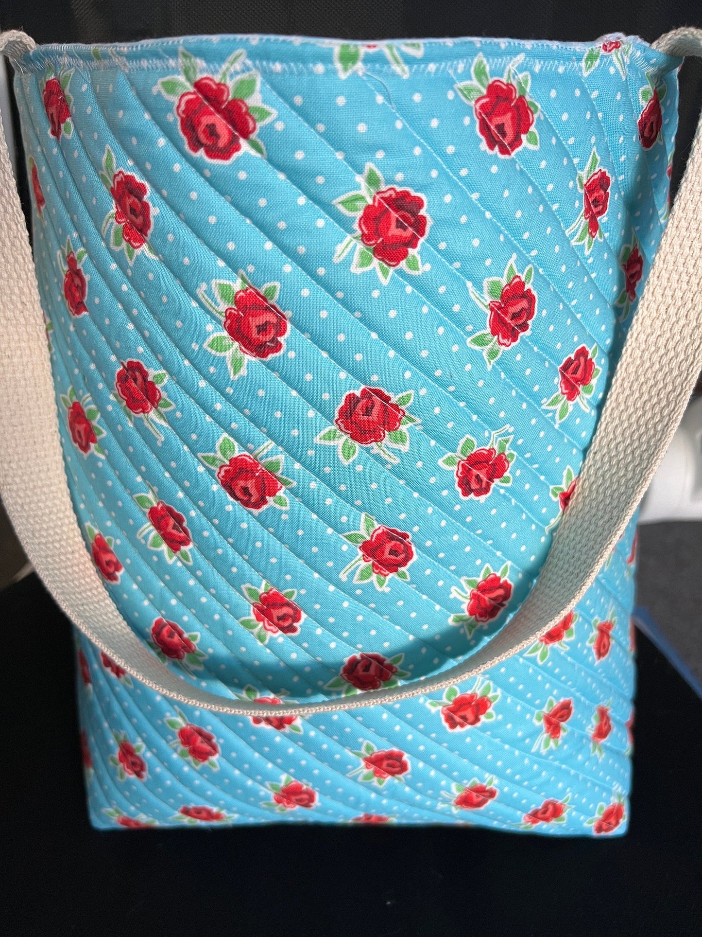 Quilted Tote Bag - Roses on Blue - Stylish Shoulder Bag for Everyday Use