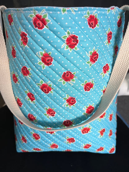 Quilted Tote Bag - Roses on Blue - Stylish Shoulder Bag for Everyday Use