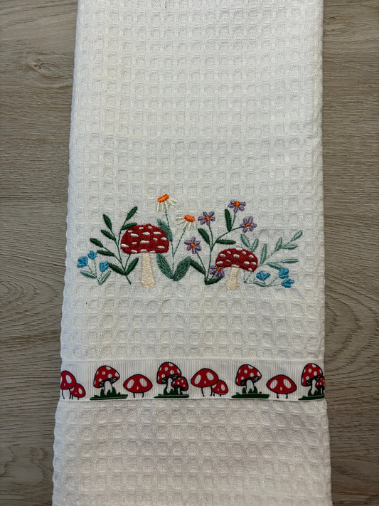 Embroidered Tea Towel with Toadstool /Flowers - Decorative Kitchen Towel Gift for Home & Garden Lovers