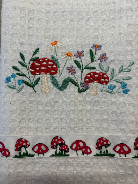 Embroidered Tea Towel with Toadstool /Flowers - Decorative Kitchen Towel Gift for Home & Garden Lovers