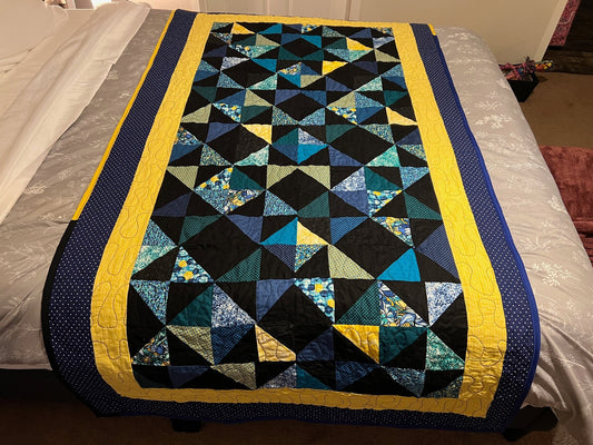 Blue Baby Quilt | Cozy Wall Hanging Throw | Soft Lap Quilt in Blues & Yellows | Perfect Nursery Decor | Handmade Bedding