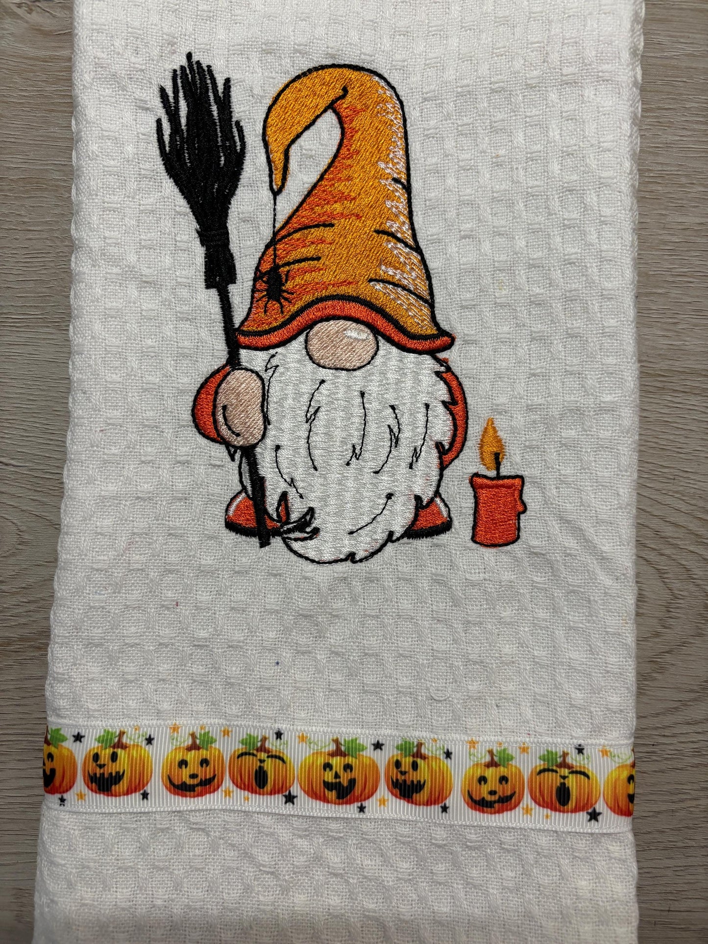 Embroidered Tea Towel, Embroidery, Embroidered Kitchen Towel- Halloween Gnome