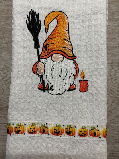 Embroidered Tea Towel, Embroidery, Embroidered Kitchen Towel- Halloween Gnome