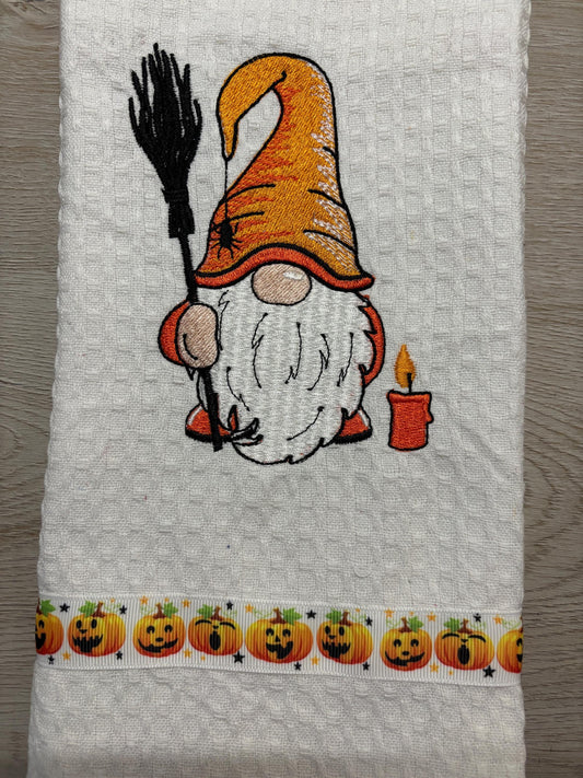 Embroidered Tea Towel, Embroidery, Embroidered Kitchen Towel- Halloween Gnome