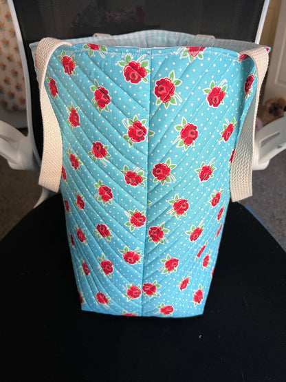 Quilted Tote Bag - Roses on Blue - Stylish Shoulder Bag for Everyday Use