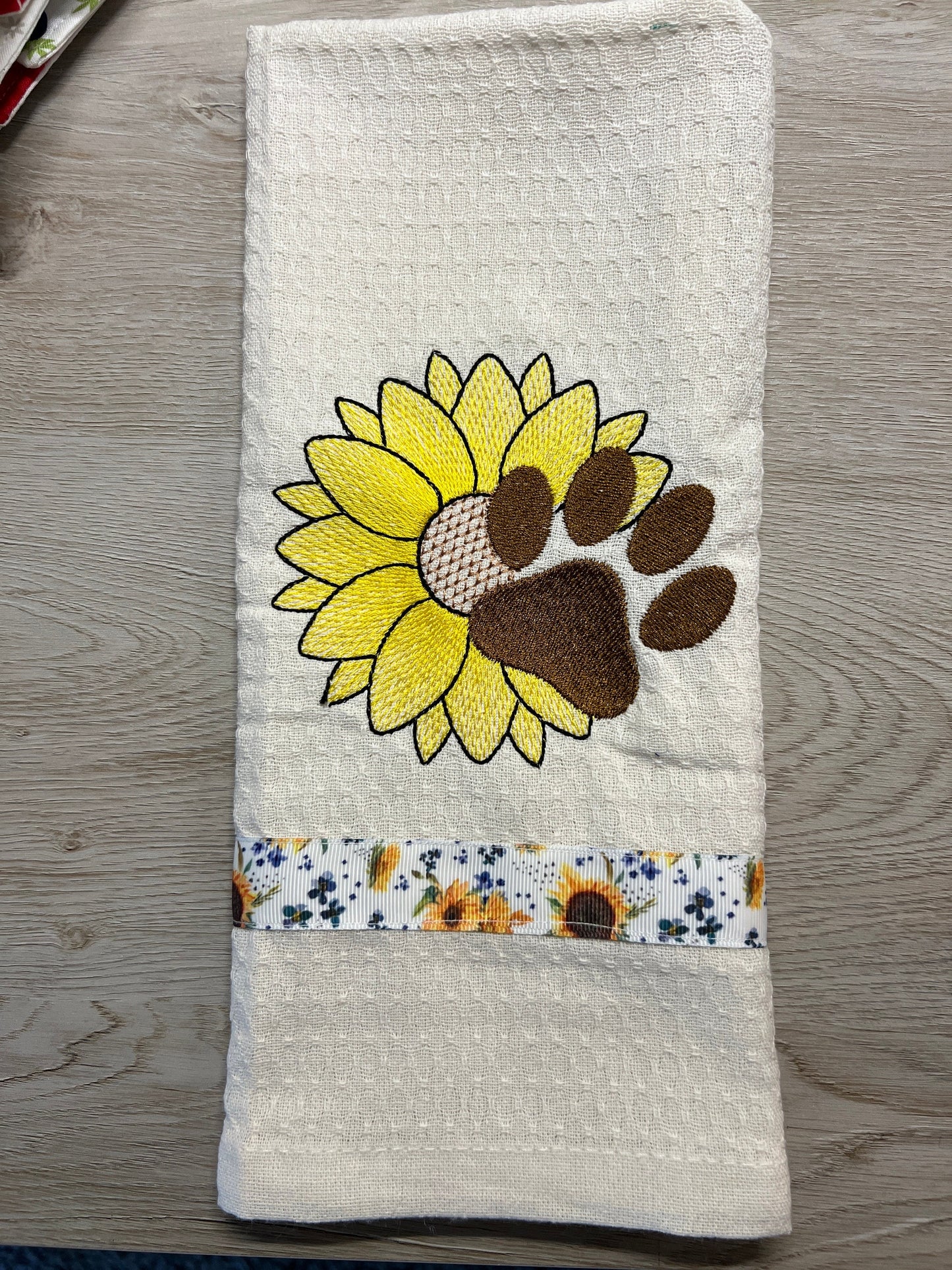 Embroidered Towel - Sunflower Paw Print Kitchen Towel, Cute Home Decor & Gifts for Animal Lovers, Personalized Gift Idea