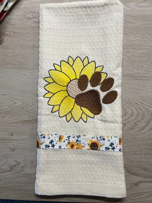 Embroidered Towel - Sunflower Paw Print Kitchen Towel, Cute Home Decor & Gifts for Animal Lovers, Personalized Gift Idea