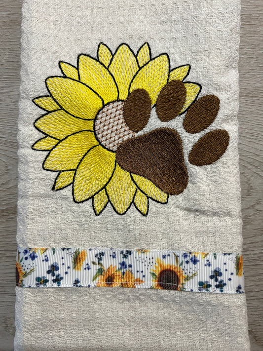 Embroidered Towel - Sunflower Paw Print Kitchen Towel, Cute Home Decor & Gifts for Animal Lovers, Personalized Gift Idea