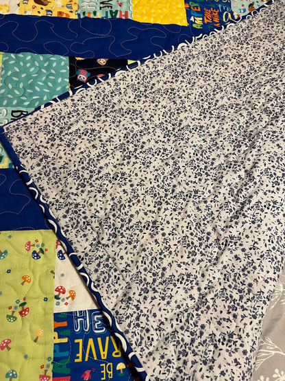 Blue Baby Quilt, Woodland Animals & Camping Themed Wall Hanging, Cozy Throw, Lap Quilt Perfect for Nursery Decor