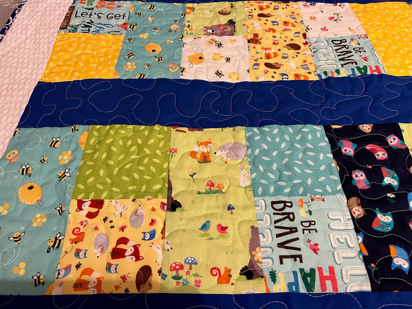 Blue Baby Quilt, Woodland Animals & Camping Themed Wall Hanging, Cozy Throw, Lap Quilt Perfect for Nursery Decor