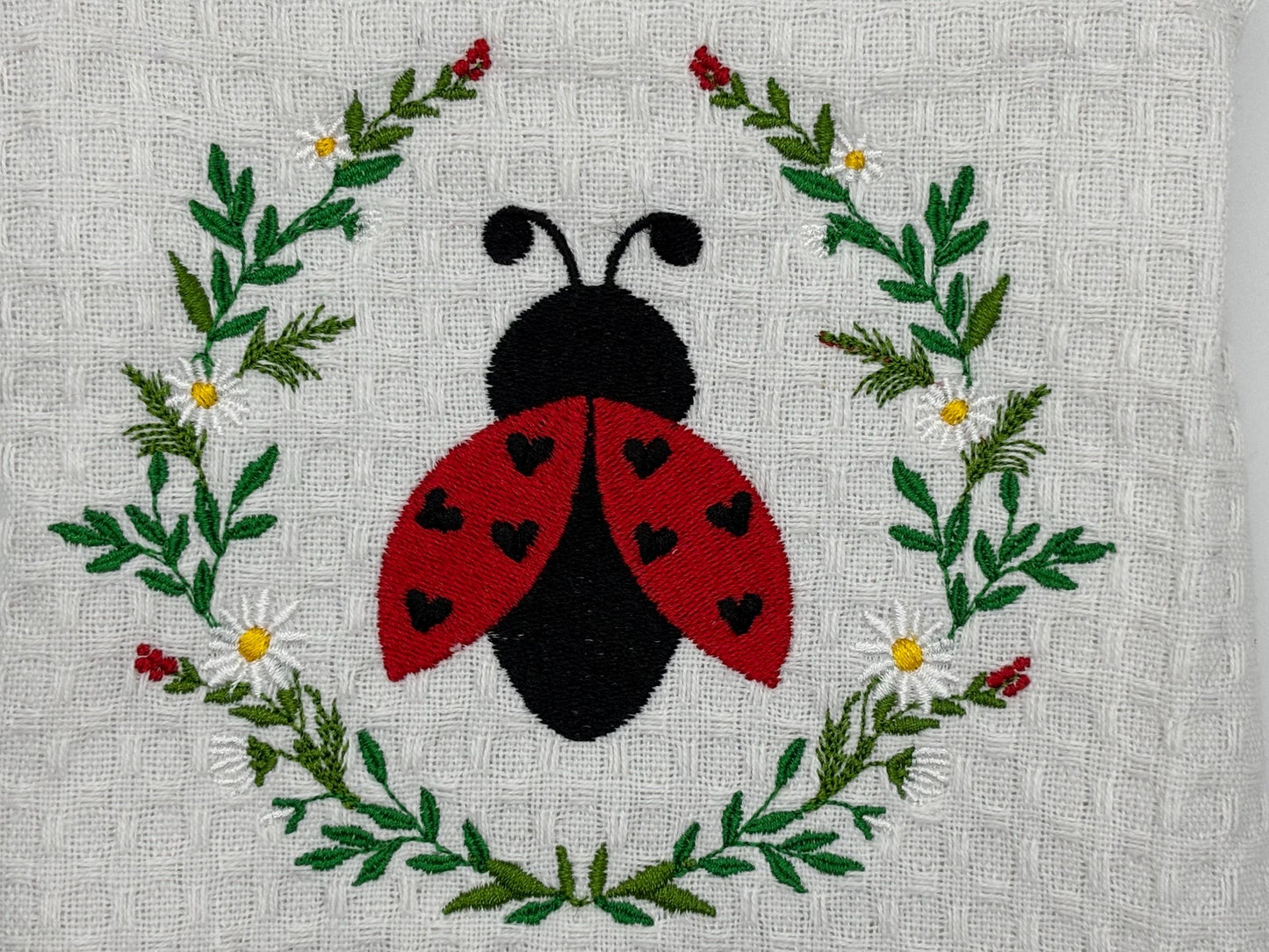 Towel - Embroidered Tea Towel with Ladybug Floral Design, Kitchen Decor, Gift for Her, Home and Garden, Cute & Functional Kitchen Accessory