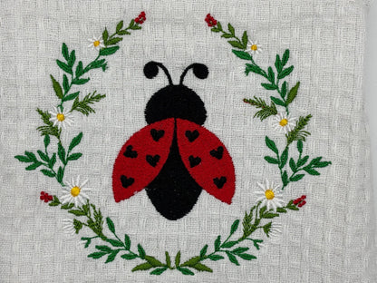 Towel - Embroidered Tea Towel with Ladybug Floral Design, Kitchen Decor, Gift for Her, Home and Garden, Cute & Functional Kitchen Accessory