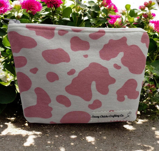 Pink Makeup Pencil Pouch, Flat Bottom & Quilted Makeup Organizer Zipper Pouch Cotton Bag