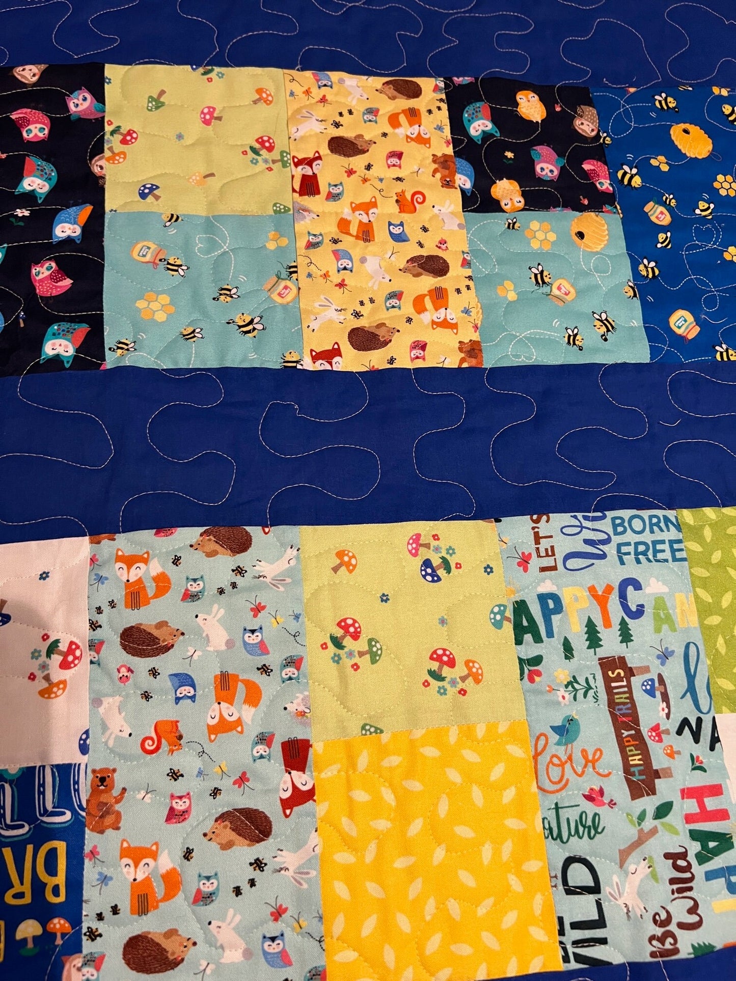 Blue Baby Quilt, Woodland Animals & Camping Themed Wall Hanging, Cozy Throw, Lap Quilt Perfect for Nursery Decor