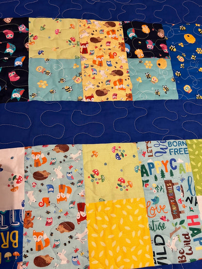 Blue Baby Quilt, Woodland Animals & Camping Themed Wall Hanging, Cozy Throw, Lap Quilt Perfect for Nursery Decor