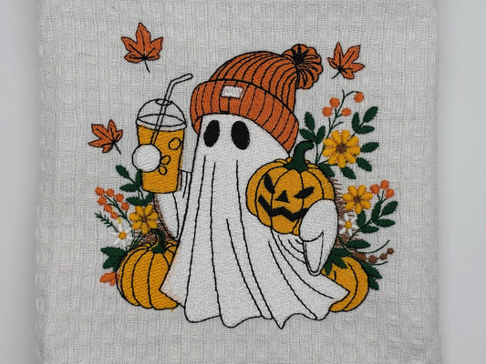 Embroidered Tea Towel, Embroidery, Embroidered Kitchen Towel- Fall Ghost