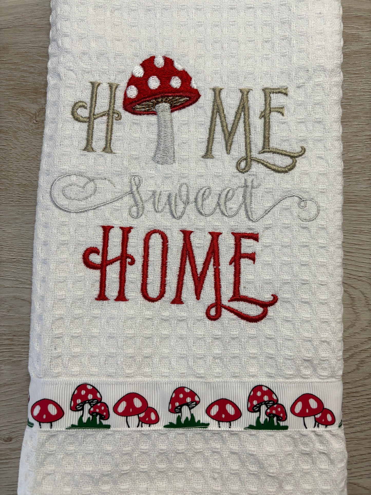 Mushroom Lover Embroidered Tea Towel, Toadstool Home Sweet Home Design Cute Aesthetic Kitchen Decor Towel