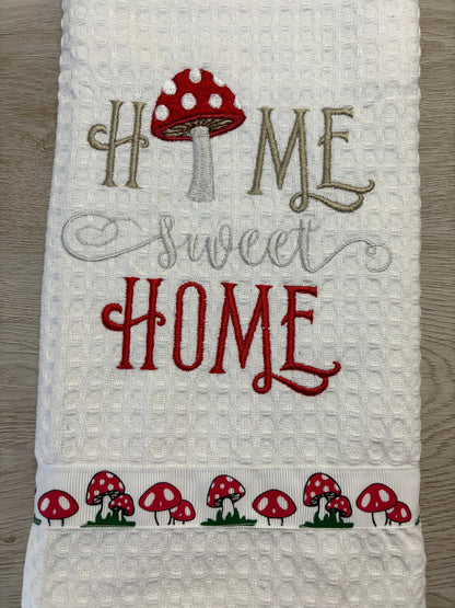 Mushroom Lover Embroidered Tea Towel, Toadstool Home Sweet Home Design Cute Aesthetic Kitchen Decor Towel