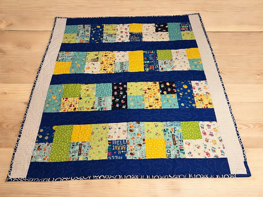 Blue Baby Quilt, Woodland Animals & Camping Themed Wall Hanging, Cozy Throw, Lap Quilt Perfect for Nursery Decor